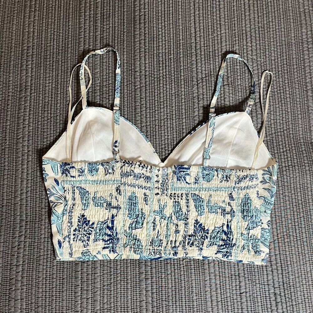 Midnight Sky Linen Blend Nautical Crop Top Blue Ocean‎ Shell Seahorse Print M - Picture 2 of 6